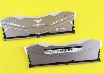 T-Force Delta RGB DDR5 memory modules on vibrant yellow surface.