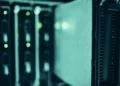 Close-up of server racks in a data center highlighting modern technology infrastructure.