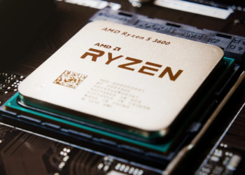 AMD Ryzen 5 3600 processor mounted on a motherboard socket, close-up macro shot