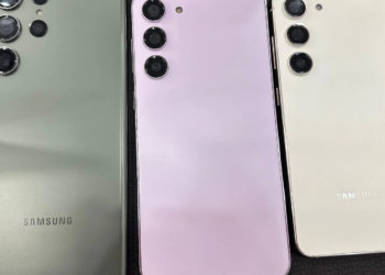 Three Samsung phone backs side by side, green with many cameras, purple and cream with three cameras