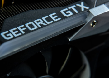 Close-up of a GeForce GTX graphics card's cooling fan and backplate logo