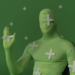 Person in green motion-capture suit with white tracking markers against a green screen backdrop