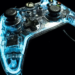 Translucent blue-lit Xbox controller glowing against a black background