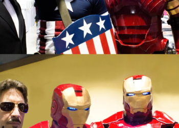 Collage of Iron Man and Captain America cosplayers in costume at a convention, alongside a man in sunglasses