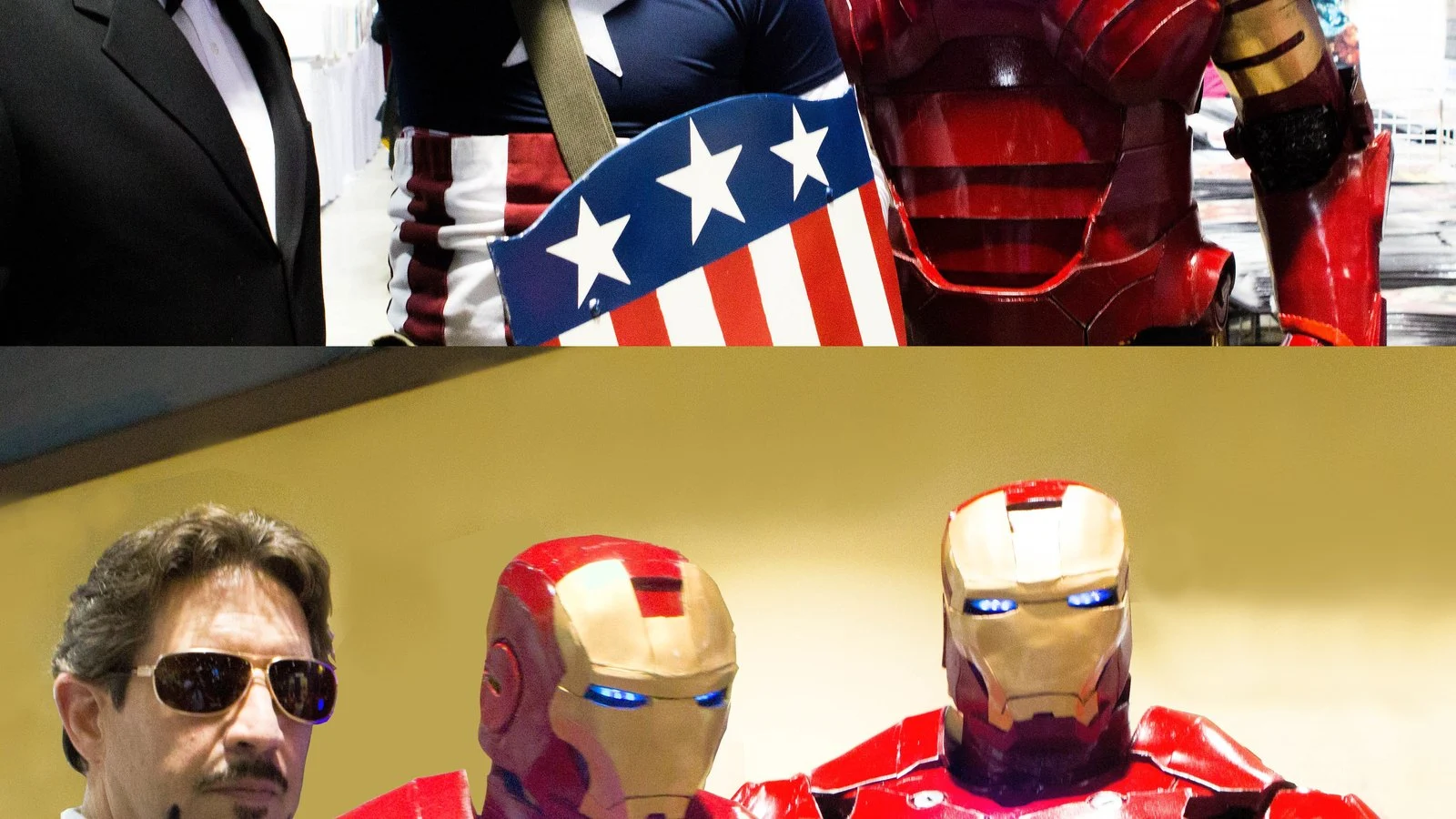 Collage of Iron Man and Captain America cosplayers in costume at a convention, alongside a man in sunglasses