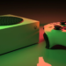 Green-lit rectangular game console and matching controller on a reflective surface