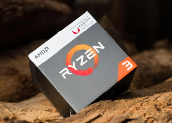 AMD Ryzen 3 processor retail box with Radeon Vega Graphics branding, resting on driftwood
