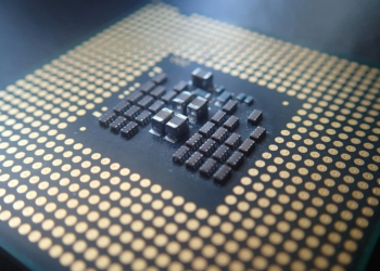 Close-up of a computer processor chip's underside pin grid array