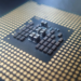 Close-up of a computer processor chip's underside pin grid array