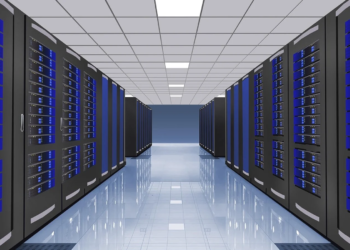 Rendered illustration of a data center corridor lined with server racks showing blue status lights