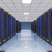 Rendered illustration of a data center corridor lined with server racks showing blue status lights
