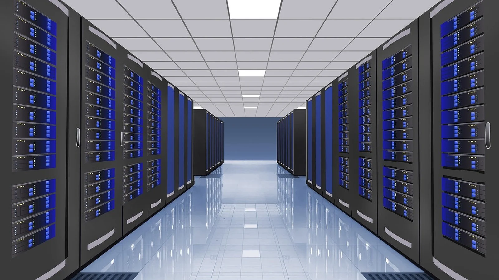 Rendered illustration of a data center corridor lined with server racks showing blue status lights