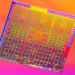 Colorful abstract die-shot photo of an unidentified microchip on an orange-to-pink gradient background
