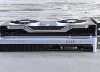 Two GeForce RTX graphics cards stacked on top of each other, seen from the side