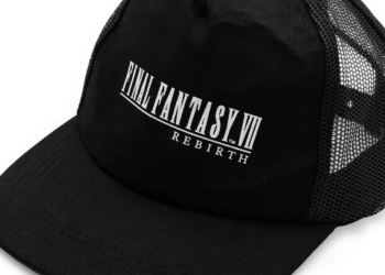Black trucker cap with white Final Fantasy VII Rebirth logo printed on the front panel
