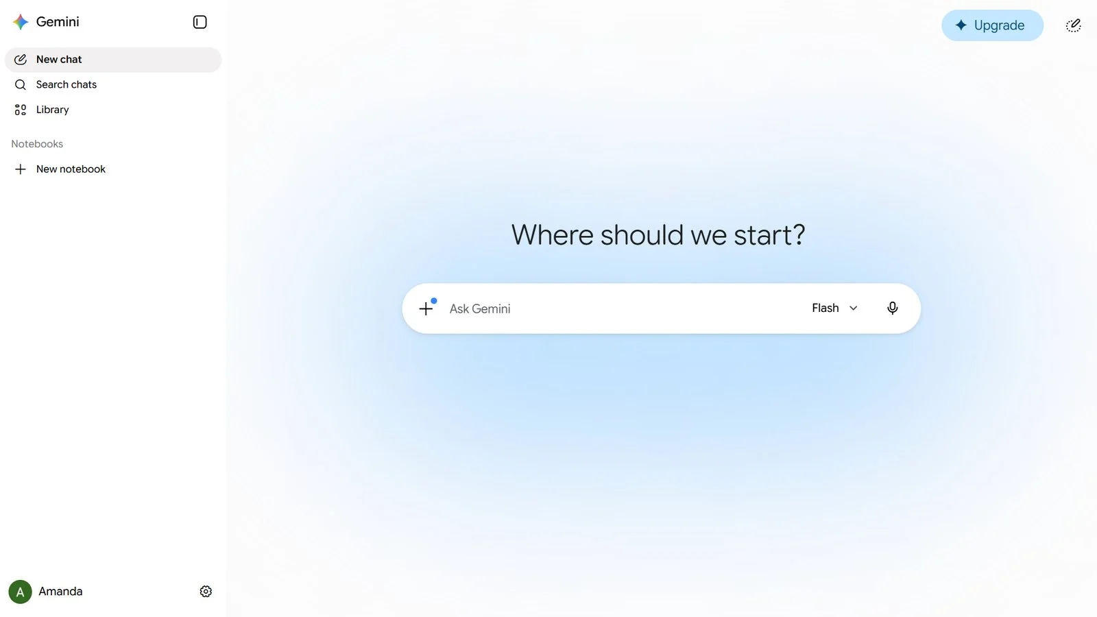 Gemini new-chat homepage with sidebar and 'Ask Gemini' input box