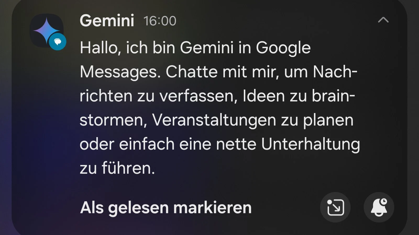 Screenshot of a Gemini in Google Messages notification introducing itself, in German
