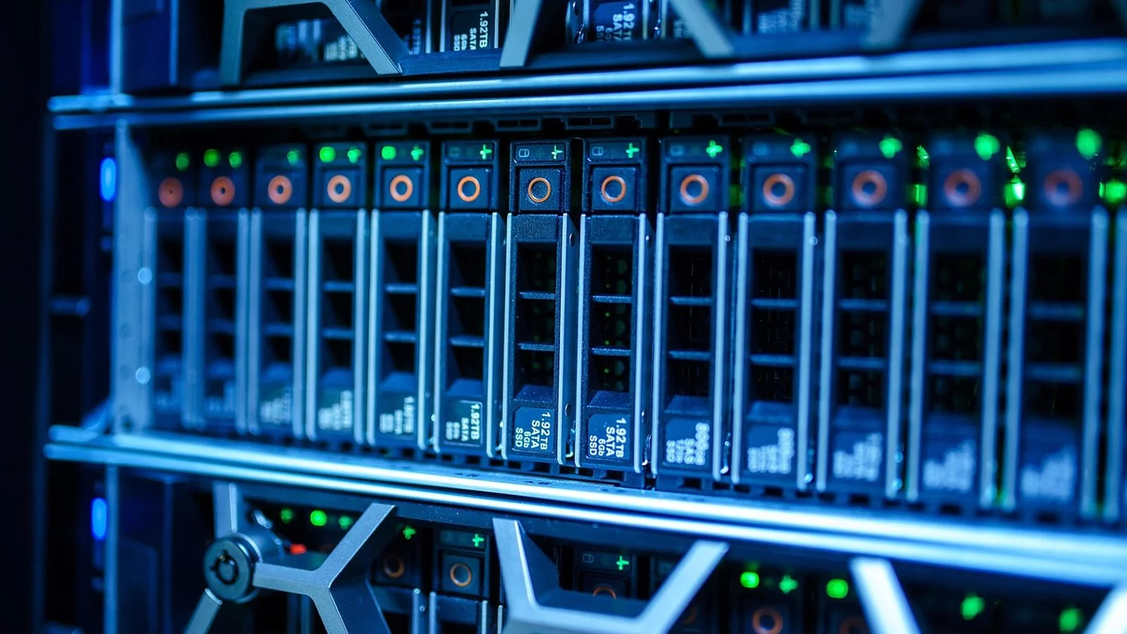 Close-up of blue-lit server rack with rows of hot-swappable SSD drive trays