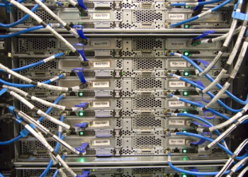 Rear view of a server rack with dozens of blue and white labeled network cables