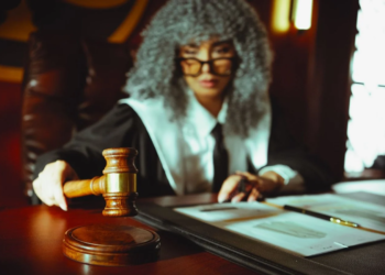 A judge in robes and a curly grey wig holds a gavel beside papers on a courtroom bench