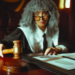 A judge in robes and a curly grey wig holds a gavel beside papers on a courtroom bench