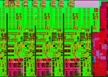 False-color micrograph of a generic semiconductor die with green and red regions