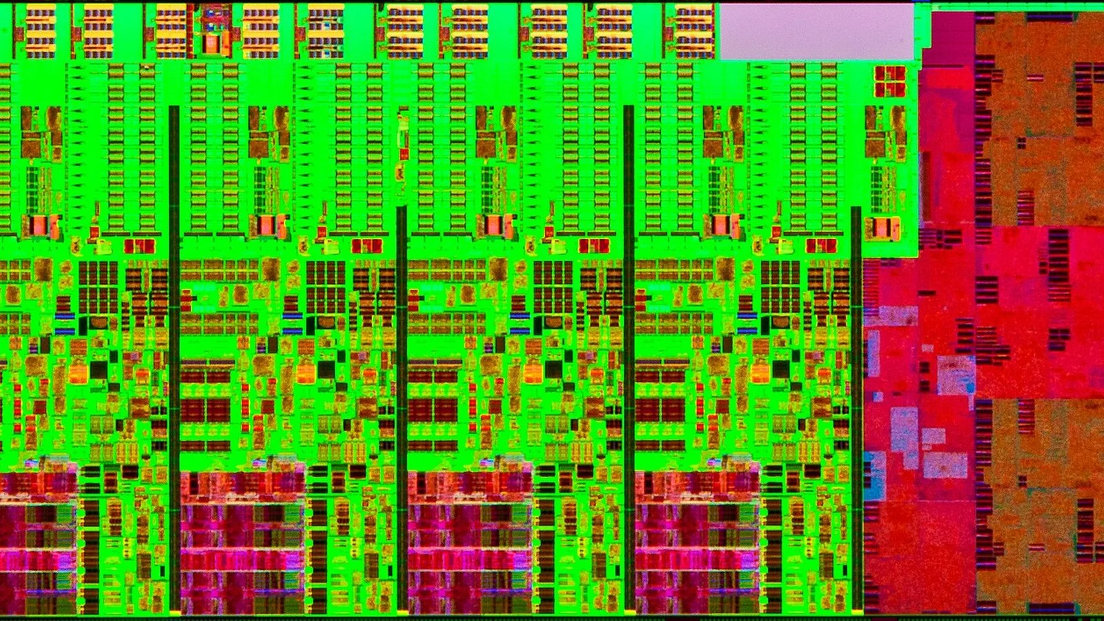 False-color micrograph of a generic semiconductor die with green and red regions