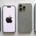 Four iPhones laid flat for comparison: dark blue, white with lavender screen, sage green, and green