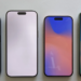 Four smartphones lying face-up side by side showing different colored screen wallpapers
