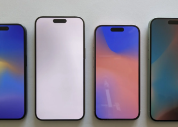 Four flat iPhones with different screen colors lined up side by side, screens on