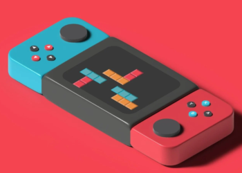 3D render of a teal, black, and red handheld game controller displaying a Tetris-like block pattern on its screen