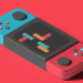 3D render of a teal, black, and red handheld game controller displaying a Tetris-like block pattern on its screen
