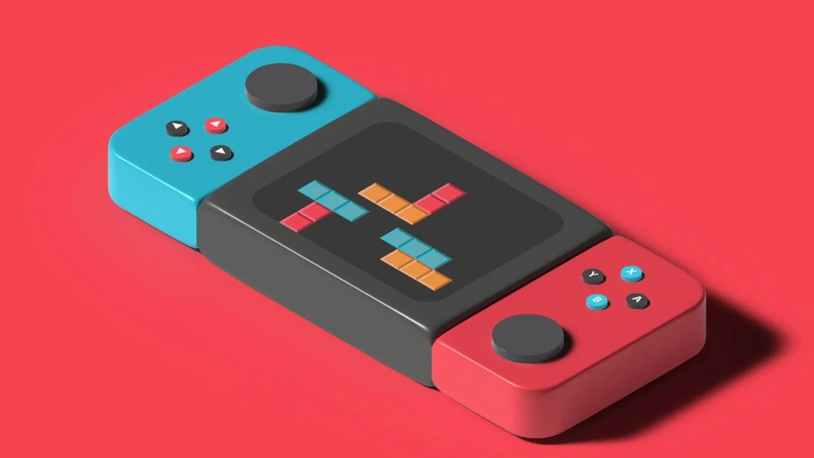 3D render of a teal, black, and red handheld game controller displaying a Tetris-like block pattern on its screen