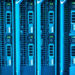 Rows of blue-lit server hard drive caddies in a data center rack