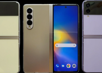 Three folding smartphones stand upright, a yellow flip phone, an open gold foldable, and a lilac flip phone