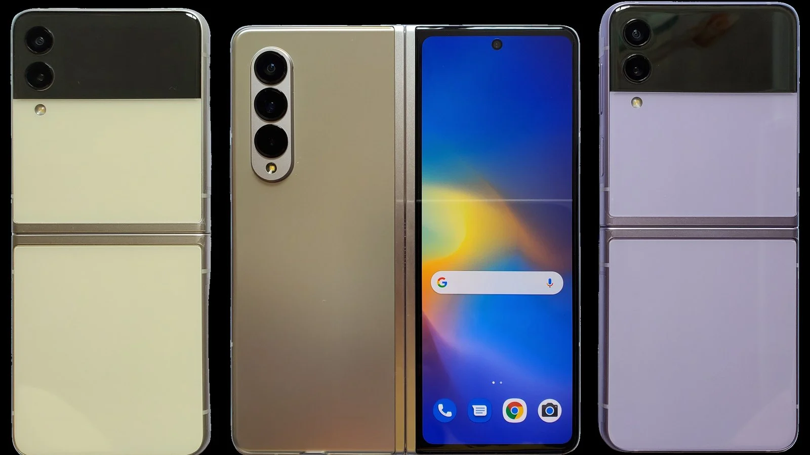 Three folding smartphones stand upright, a yellow flip phone, an open gold foldable, and a lilac flip phone