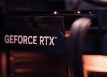 Close-up of a GeForce RTX graphics card heatsink fins inside a PC case