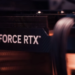 Close-up of a GeForce RTX graphics card heatsink fins inside a PC case