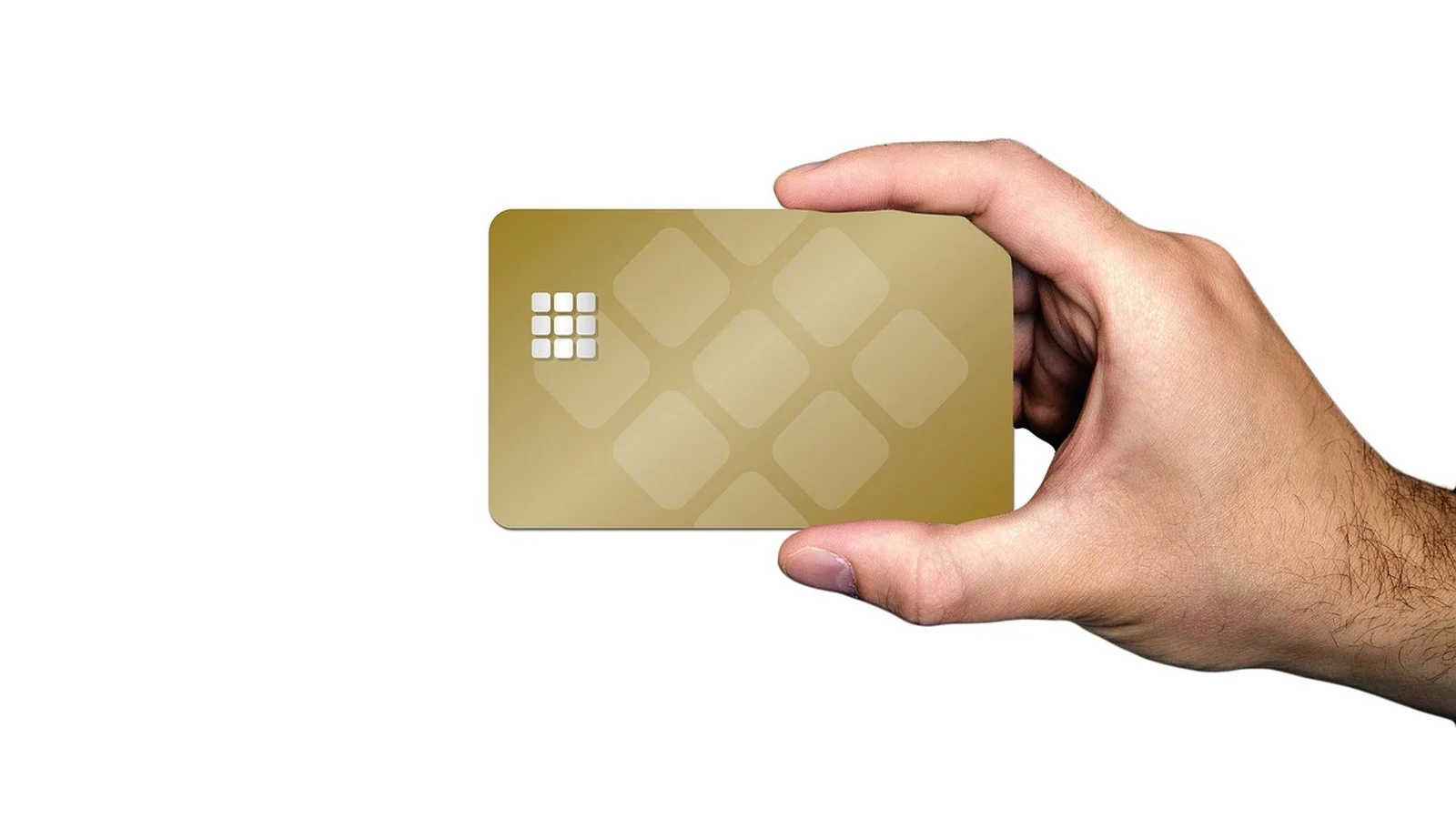 Hand holding a blank gold bank card with a decorative chip pattern against a white background