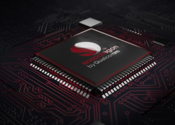 3D render of a generic 'Snapdragon by Qualcomm' branded chip mounted on a red-lit circuit board