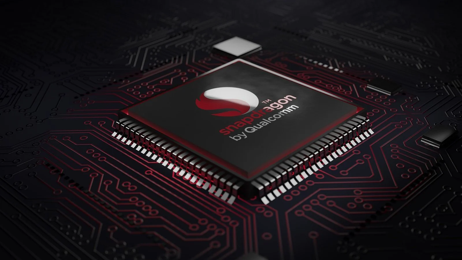 3D render of a generic 'Snapdragon by Qualcomm' branded chip mounted on a red-lit circuit board