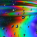 Close-up of a rainbow-reflective optical disc covered in water droplets