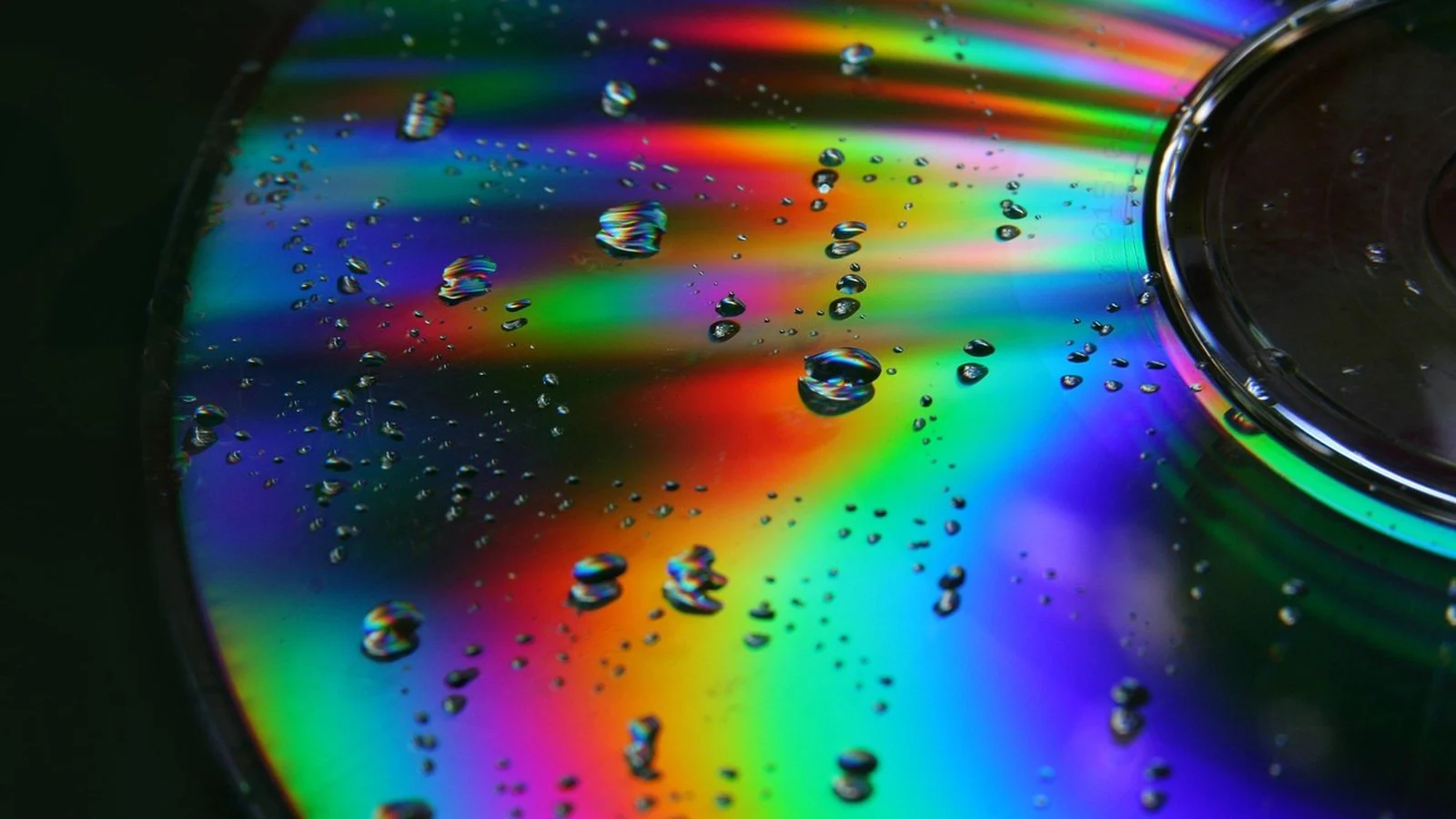 Close-up of a rainbow-reflective optical disc covered in water droplets