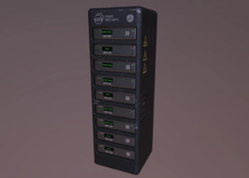 3D-rendered black server rack unit labeled 'Kaze Servers' with status displays reading operational or stall