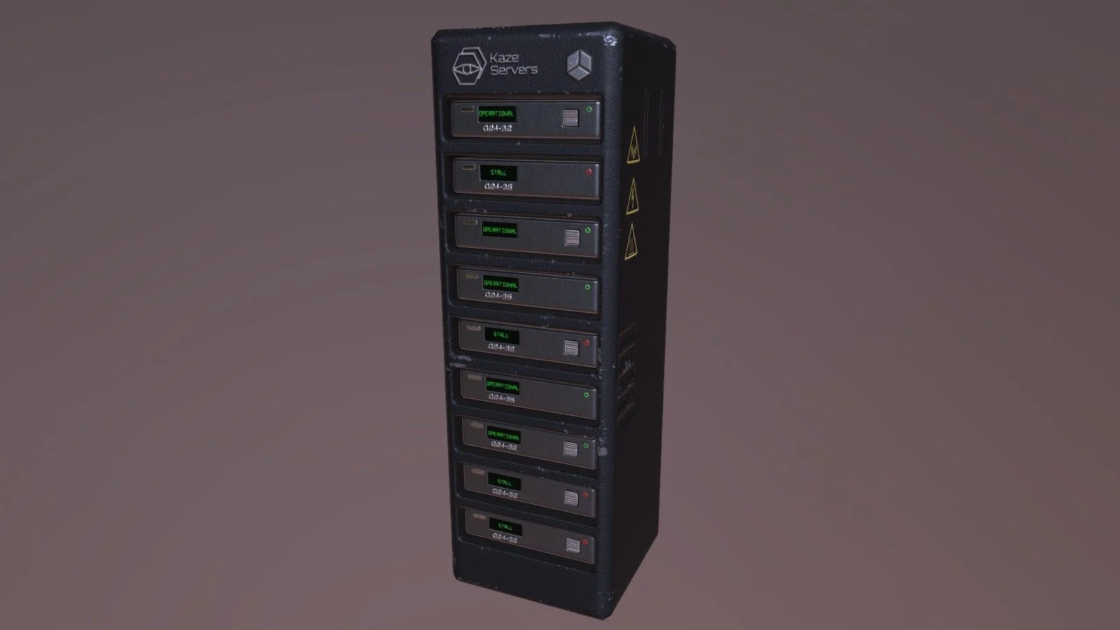 3D-rendered black server rack unit labeled 'Kaze Servers' with status displays reading operational or stall