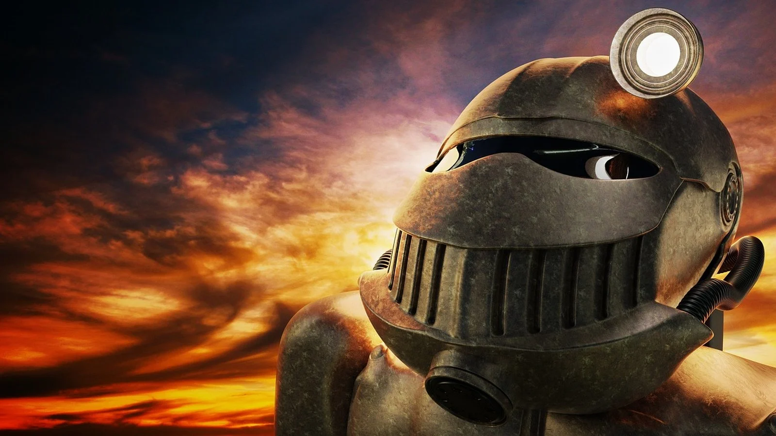 Weathered bronze robotic helmet with a circular lamp, lit against a dramatic sunset sky