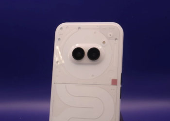 White concept phone with a two-lens camera cluster and decorative circuit-like engraving on its back panel