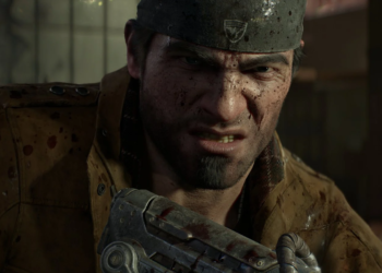 Close-up of a bloodied man in a leather jacket gripping a makeshift weapon, gritting his teeth